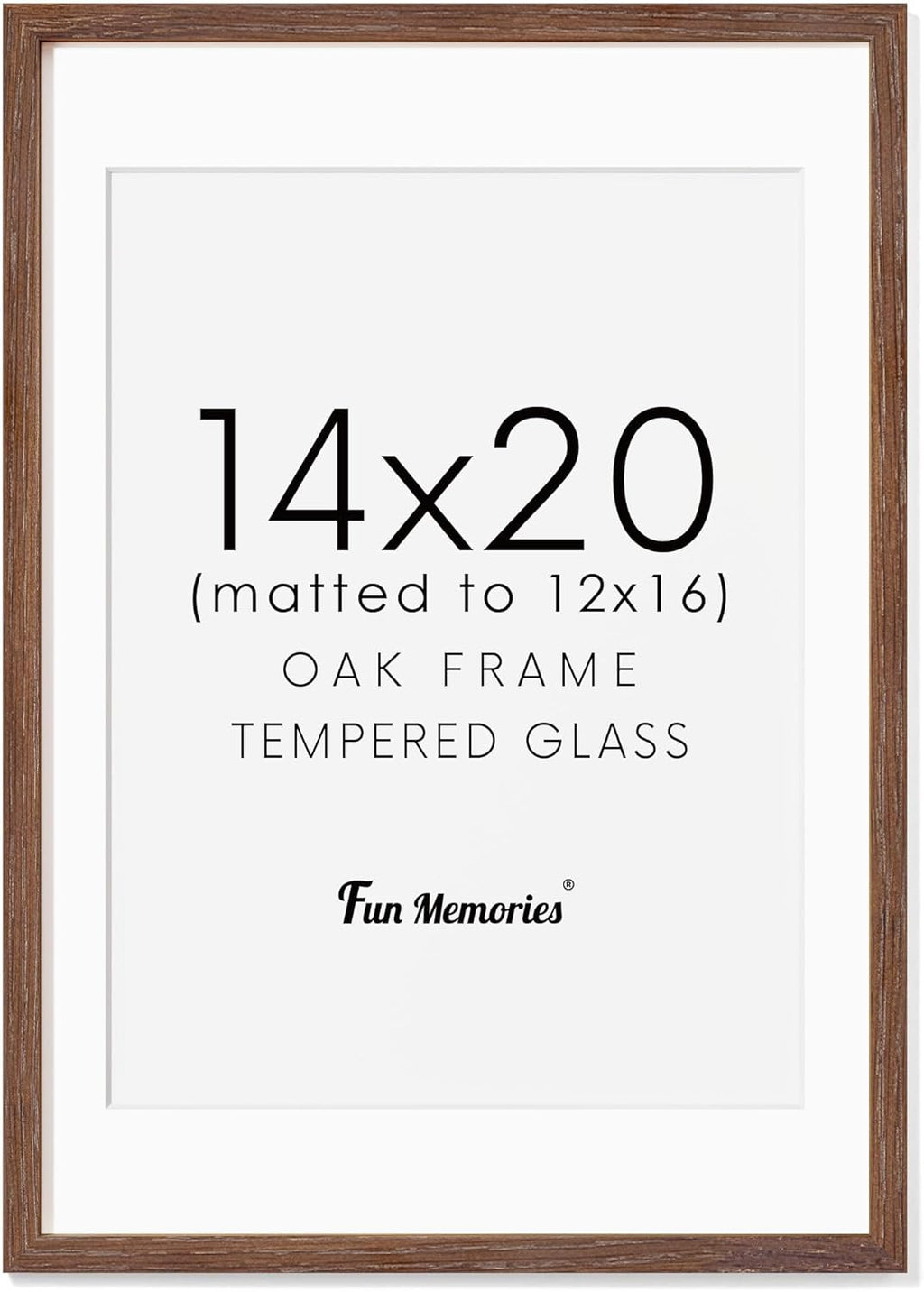 Fun Memories 14x20 Picture Frame, Solid Oak Wooden 14"x20" Photo Frame for Wall, 14 x 20 Frame Matted to 12 x 16, Tempered Real Glass, 14 x 20 Collage Gallery Frames (Walnut Color, 1 Pack)
