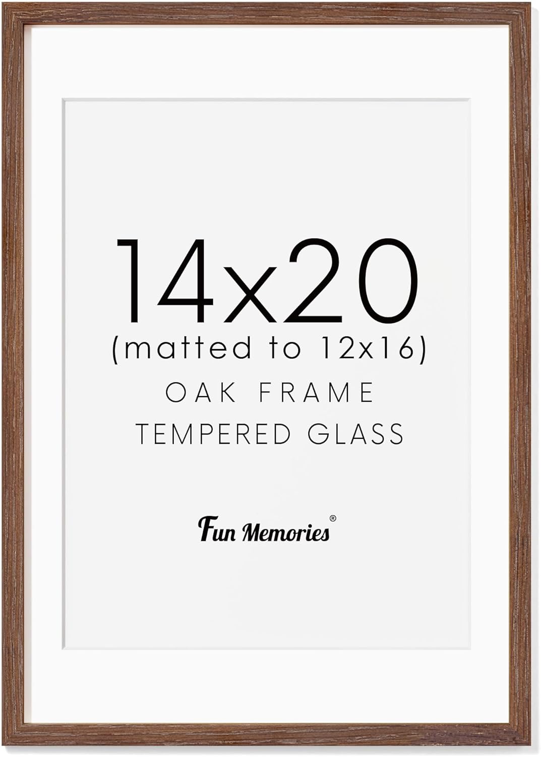 Fun Memories 14x20 Picture Frame, Solid Oak Wooden 14"x20" Photo Frame for Wall, 14 x 20 Frame Matted to 12 x 16, Tempered Real Glass, 14 x 20 Collage Gallery Frames (Walnut Color, 1 Pack)