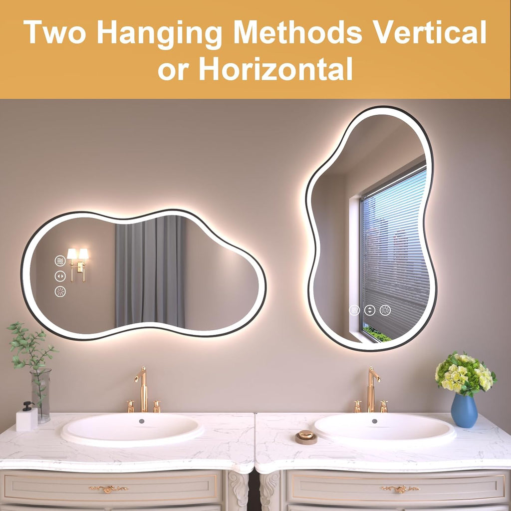 WTTY LED Irregular Bathroom Mirror 26x46 Inch with Front & Back Lights - Asymmetrical Design, Anti-Fog, Dimmable 3 Color Temperatures, Shatterproof Glass, Horizontal or Vertical Mount (Black Frame)