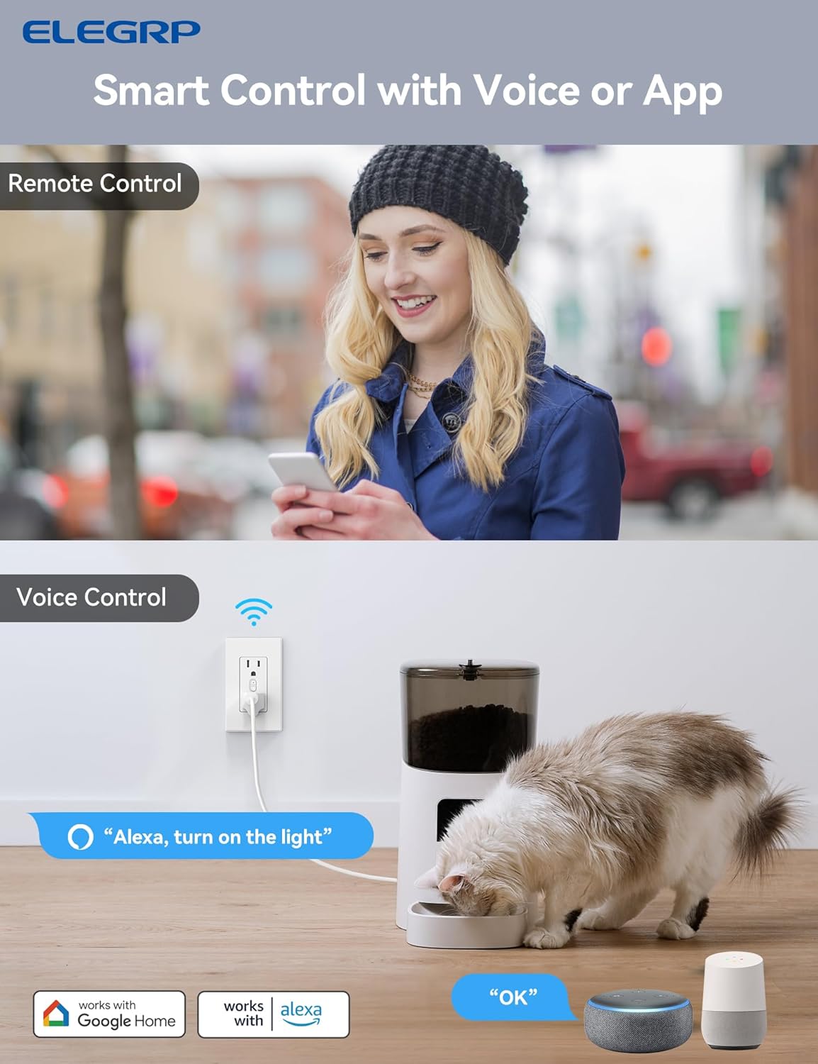 ELEGRP Smart Outlet, Smart in-Wall Outlets Works with Alexa and Google Assistant, 2.4GHz Wi-Fi Smart Receptacle, No Hub Required, UL Listed, White, 1 Pack