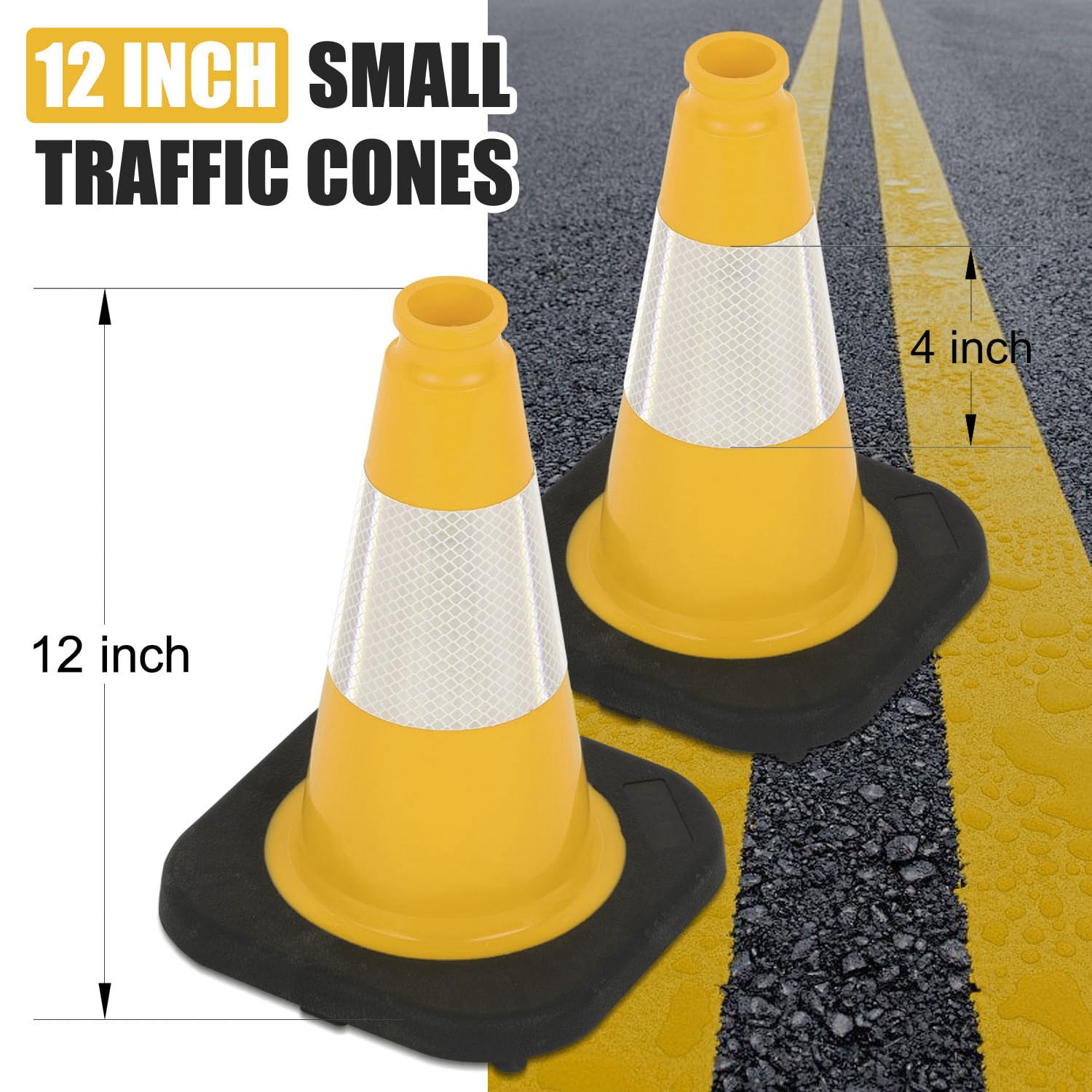 6 Pack 12" Inch Yellow PVC Traffic Cones with Heavy-Duty Base, High-Visibility All-Weather Safety Cones for Road Construction, Parking Lot, and Garage Use (6, Yellow, 12" Small)
