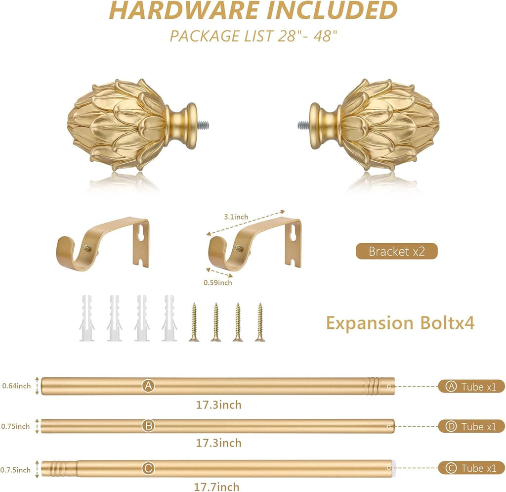 Curtain Rods 28"-48" Adjustable, Gold, Metal, Wall Mounted, Single Window Treatment Rods with Classic Finials