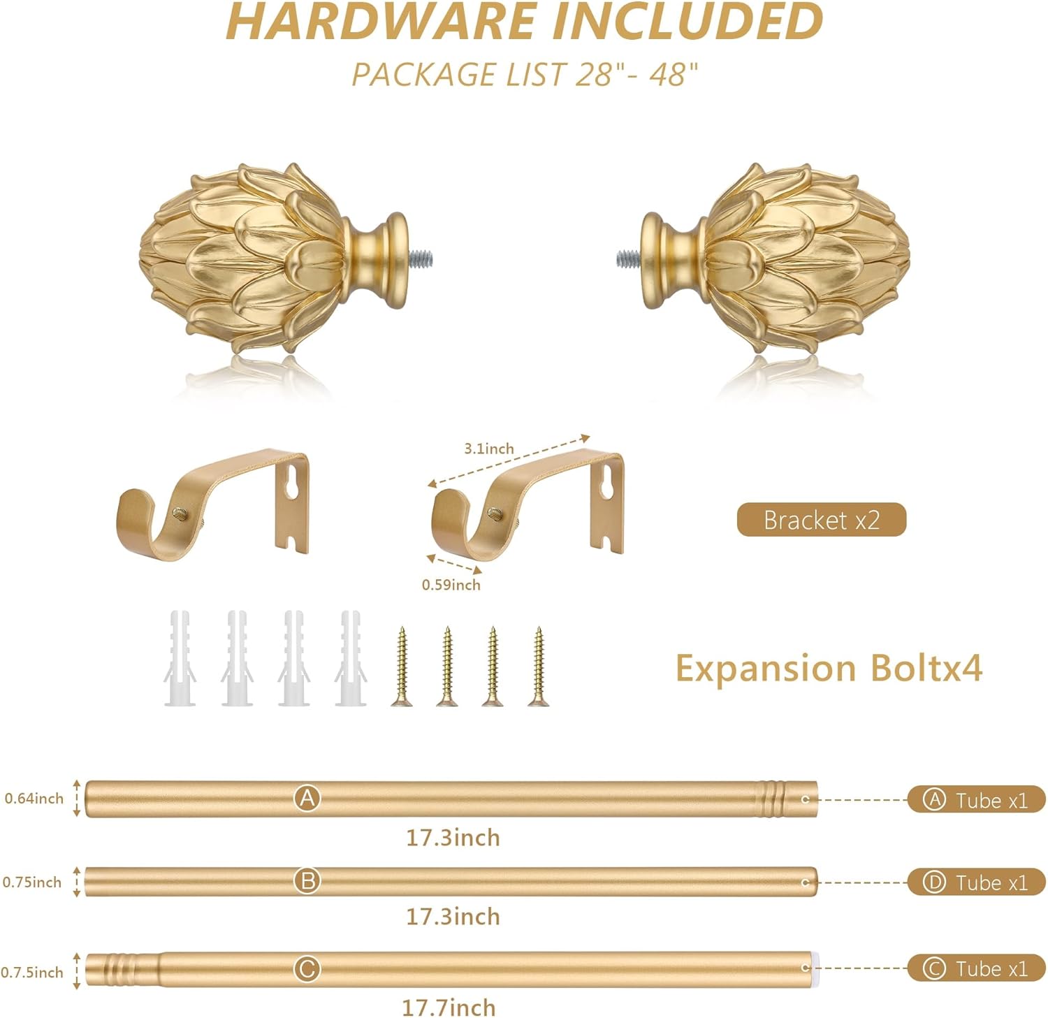 Curtain Rods 28"-48" Adjustable, Gold, Metal, Wall Mounted, Single Window Treatment Rods with Classic Finials