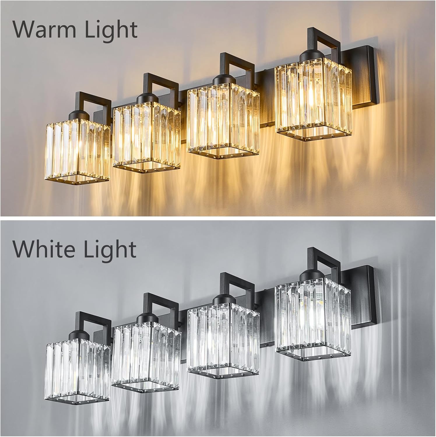 Black Bathroom Light Fixture, 4-Light Crystal Vanity Lighting, Bathroom Lighting Fixtures Over Mirror, Modern Crystal Wall Lamp