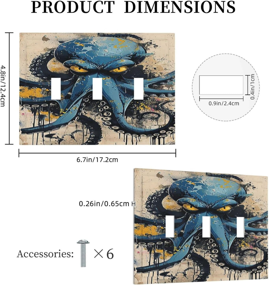 Decorative Switch Plates Nautical Vintage Blue Octopus Yellow Eyes Oil Watercolor 3 Gang Wall Plate Triple Toggle Light Switch Cover Faceplate Electrical Wall Panels for Kids room