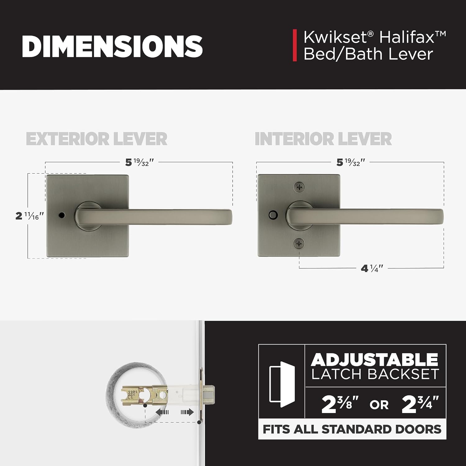 Kwikset Halifax Interior Square Privacy Door Handle with Lock, Door Lever for Bathroom and Bedroom, Gunmetal Reversible Keyless Turn Lock