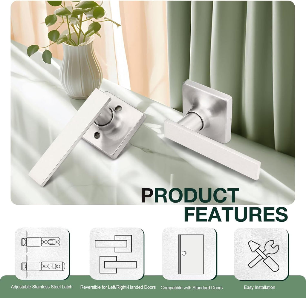 GOBEKOR 5 Pack Brushed Nickel Door Handles Interior Door Handles with Lock Nickel Passage Door Handles for Hall Closet Square Lever Door Handles