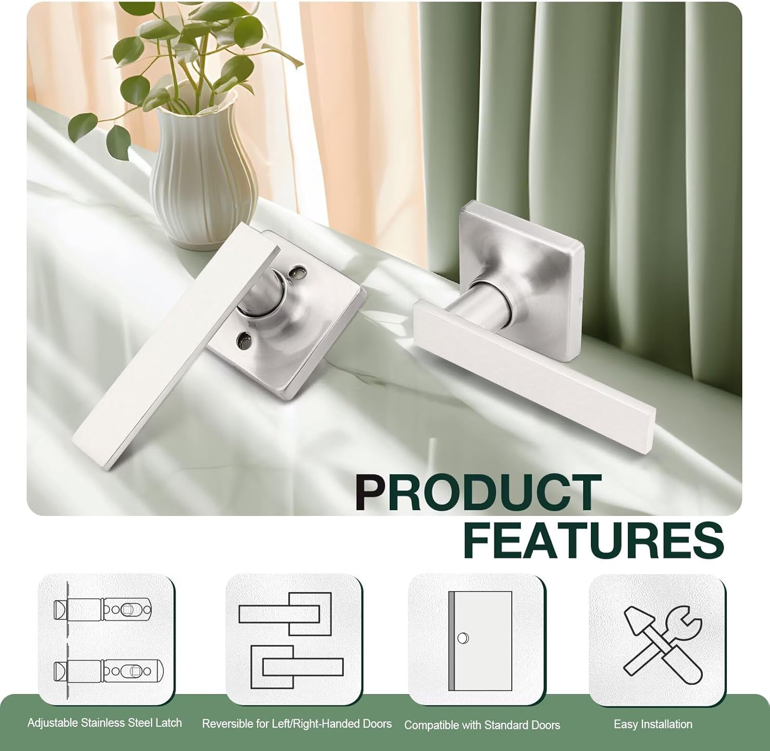 GOBEKOR 5 Pack Brushed Nickel Door Handles Interior Door Handles with Lock Nickel Passage Door Handles for Hall Closet Square Lever Door Handles