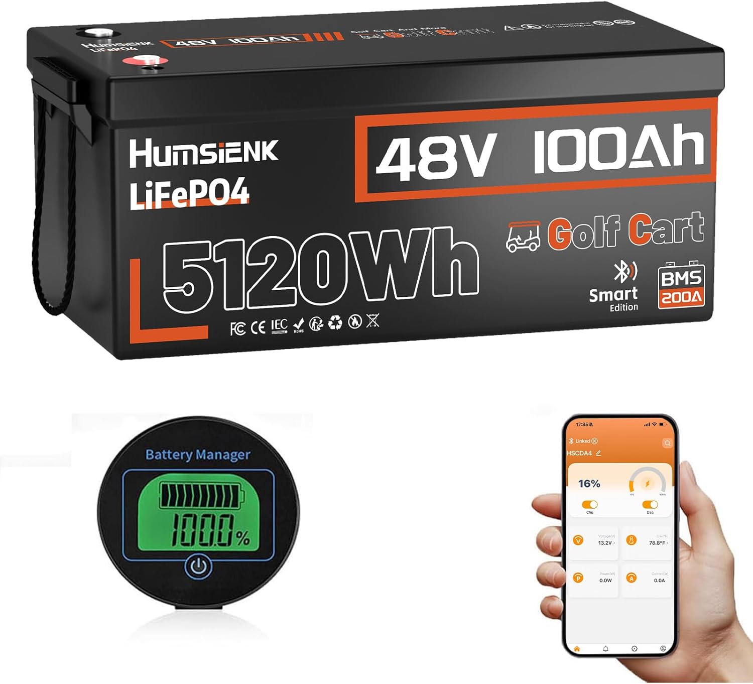 HumsiENK 48V 100Ah Golf Cart LiFePO4 Lithium Battery with Bluetooth Group 8D, 15000+ Deep Cycle Battery, Built-in 200A BMS with Low-Temp Protection Golf Cart Accessories
