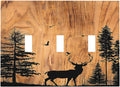 Decorative Switch Plates Rustic Farmhouse Orange Brown Pine Tree Deer Wood Grain 3 Gang Wall Plate Triple Toggle Light Switch Cover Faceplate Electrical Wall Panels for living Room Decor