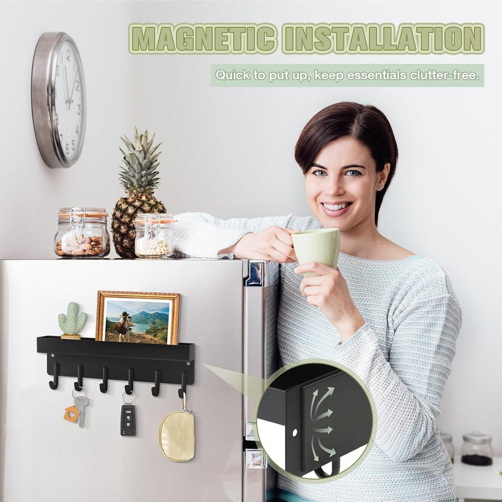 VIS'V Magnetic Key Holder Wall Mount, Compact Metal Key Rack with Tray, 6 Hooks, 2 Mount Options, Black