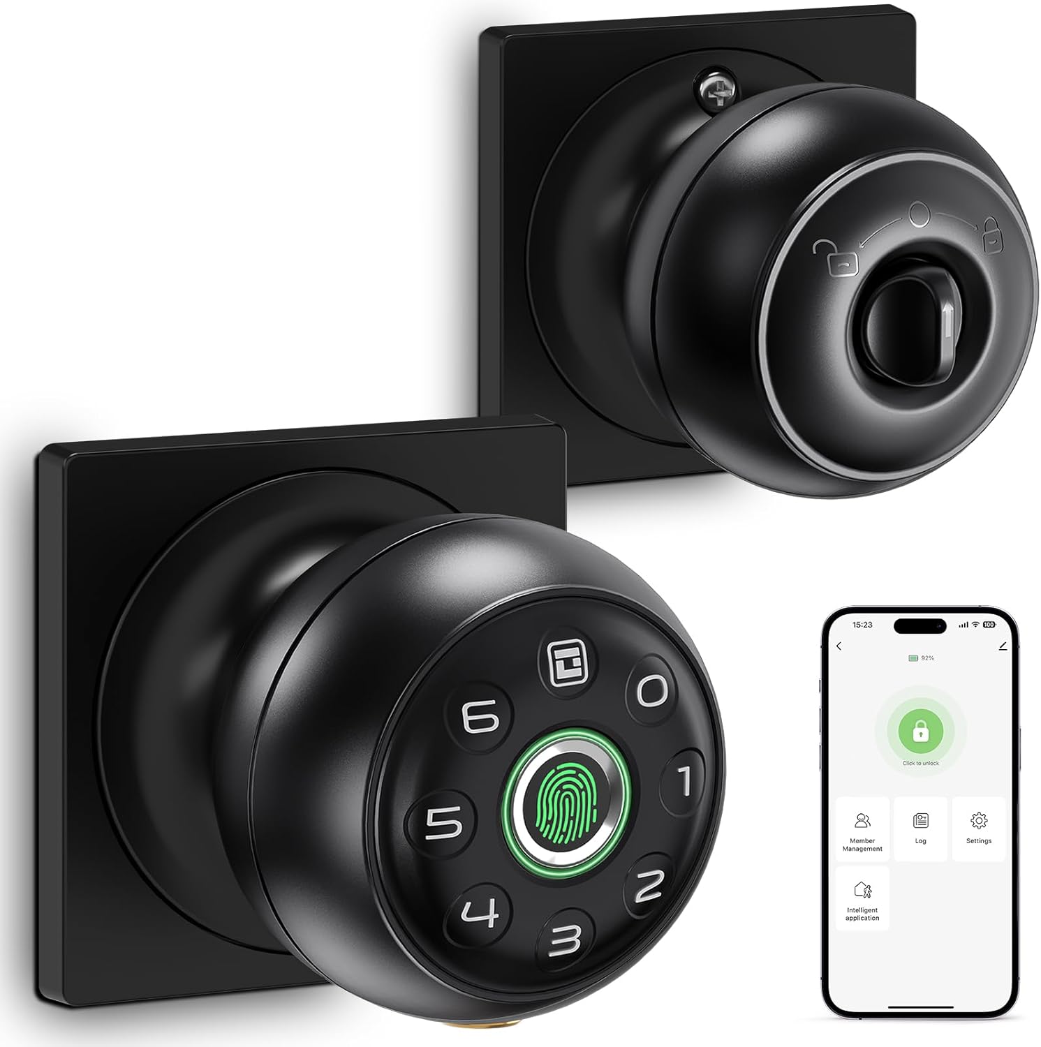 GeekTale Fingerprint Door Lock for Bedrooms, Fingerprint Door Knob with Lock, Smart Door Lock, App Control, Back-up Keys, Thumbprint Door Knob for Bedrooms, Office, Apartment