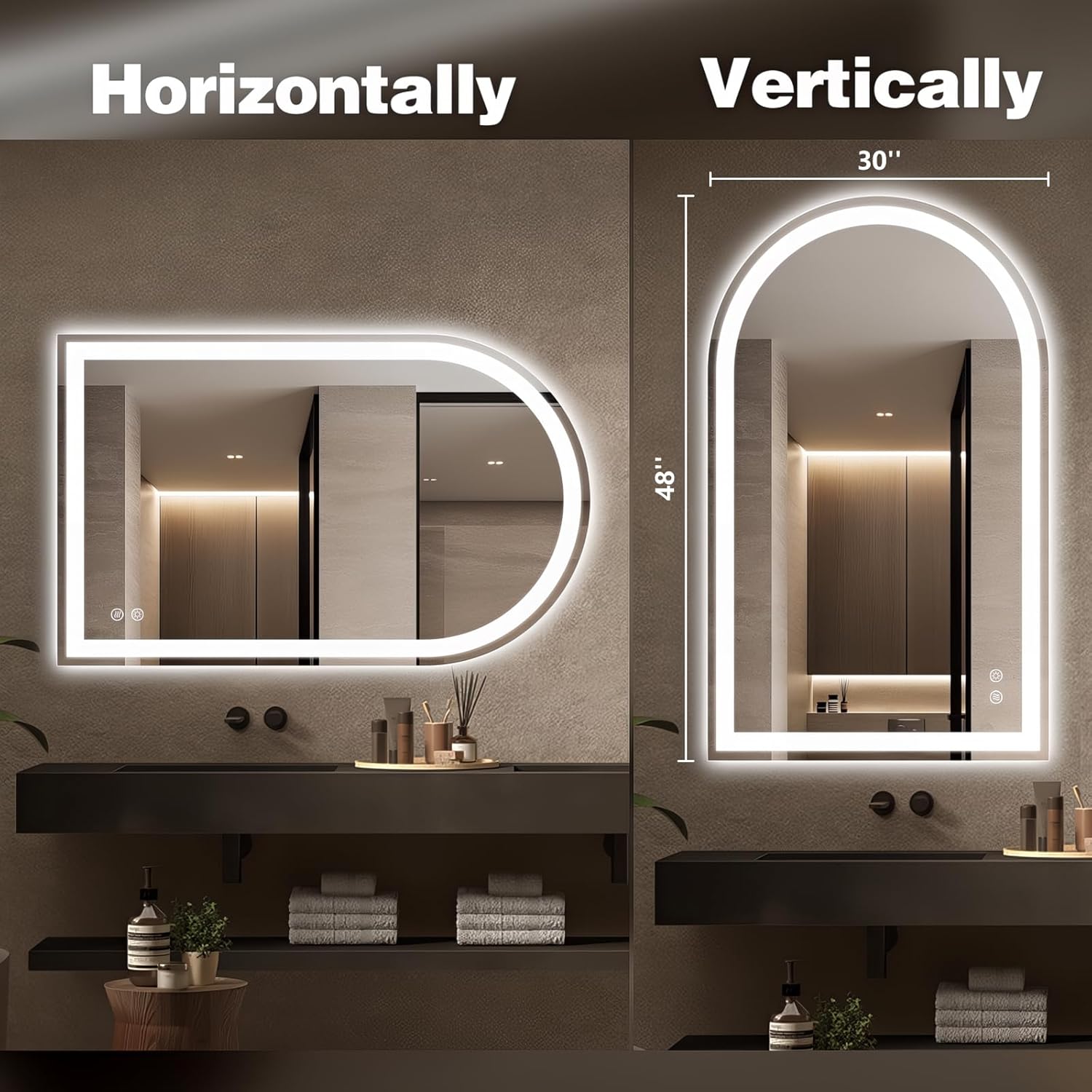 Niccy Arched LED Bathroom Mirror, 48x30 Arch Wall Mounted Frameless Bathroom Mirror for Vanity, Smart Lighted Frontlit Mirrors with Memory Function for Bathroom Bedroom Beauty Hair Salon