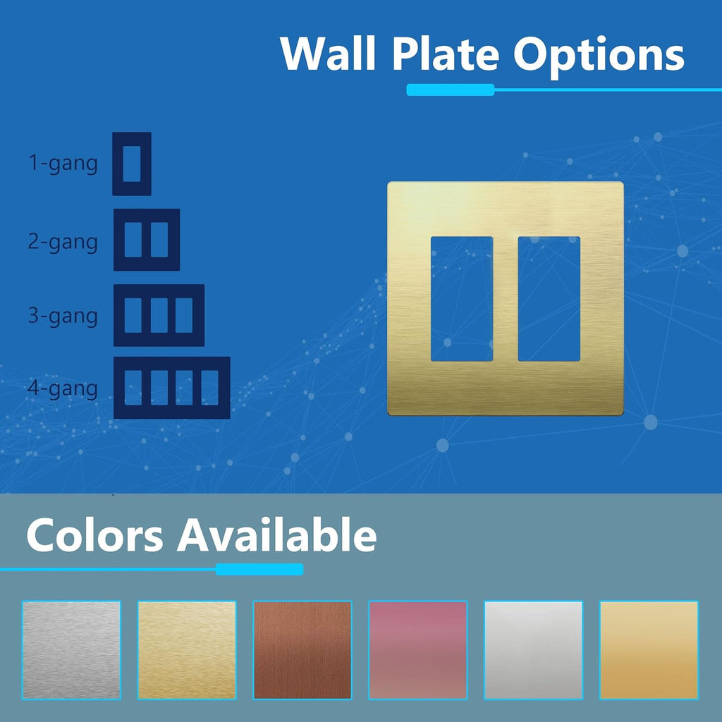 LIDER Double Decorator Metal Wall Plate, Temperature and Impact Resistant, 201 Stainless Steel, Screwless Cover, Modern Upgrade, Mid-Size 2-Gang 4.88” x 4.92”, Brushed Brass, LSMWP-32M-BB