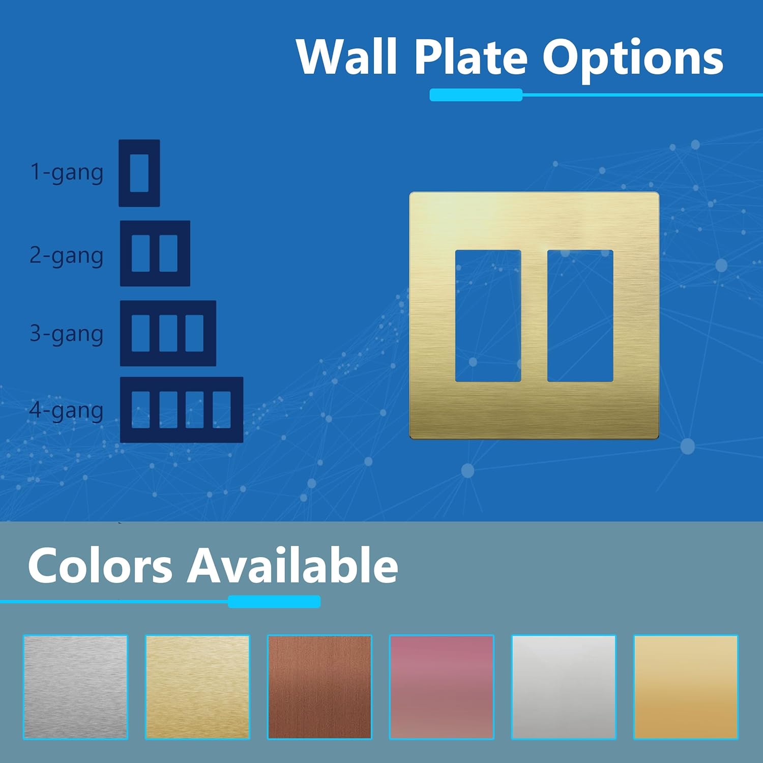 LIDER Double Decorator Metal Wall Plate, Temperature and Impact Resistant, 201 Stainless Steel, Screwless Cover, Modern Upgrade, Mid-Size 2-Gang 4.88” x 4.92”, Brushed Brass, LSMWP-32M-BB