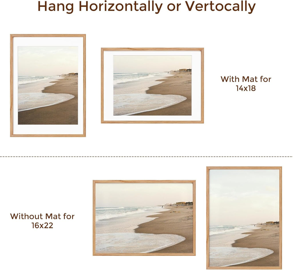 Fun Memories Natural Oak 16x22 Picture Frame with Real Glass, Matted to 14x18, Wall Frame (1 Pack)