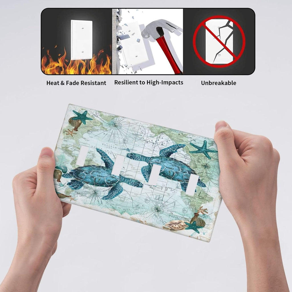 Light Switch Covers Nautical Green Sea Turtles Beach Blue Ocean Quad Toggle Electrical Faceplate 4 Gang Wall Plate Decorative Switch Plates For Bathroom Kids Room Decor