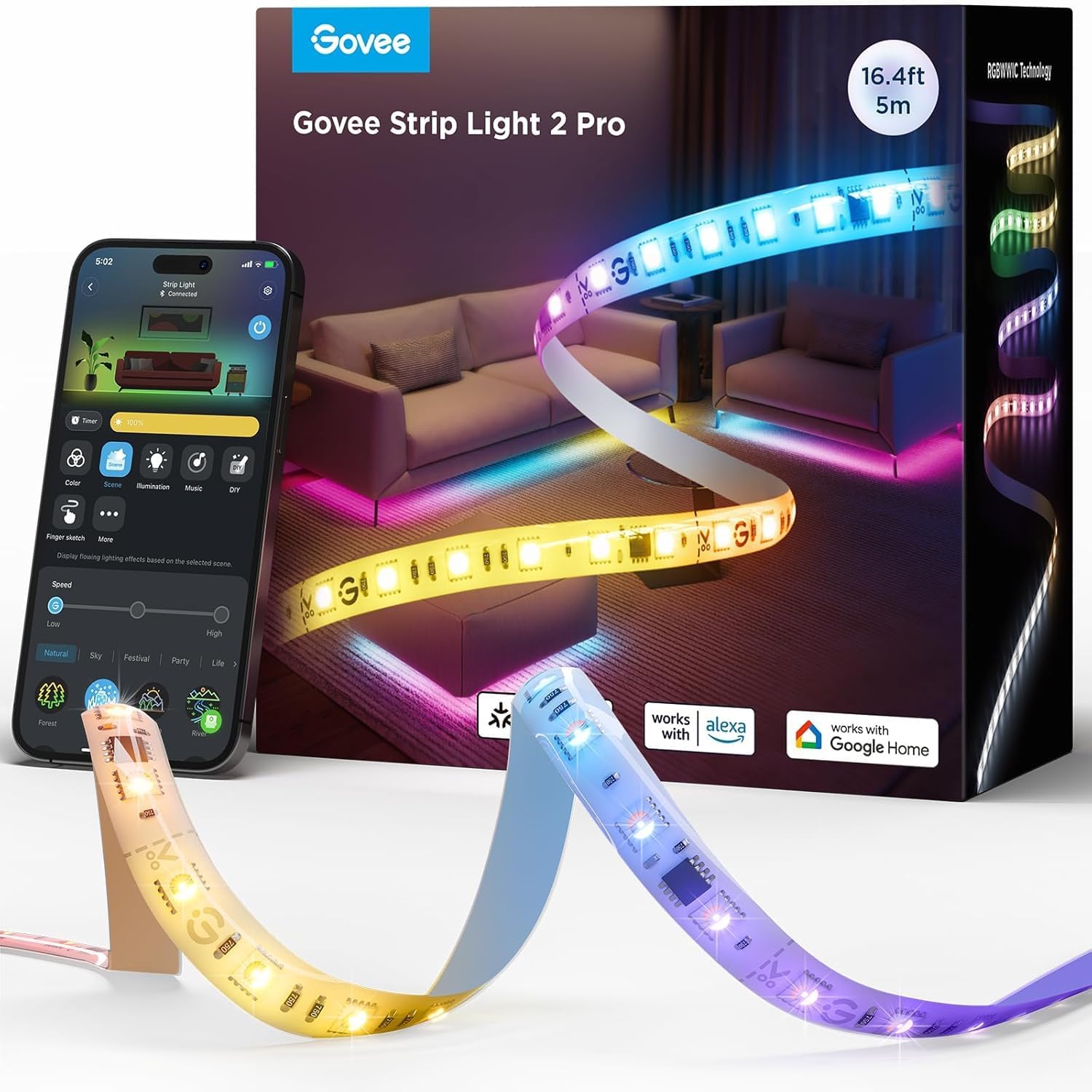 Govee RGBIC Strip Light 2 Pro with Matter, 6.56ft Smart LED Strip Lights Compatible with Alexa and Google Assistant, Color Changing LED Lights for Bedroom, Cabinet, Party, Gaming Desk, Home Decor