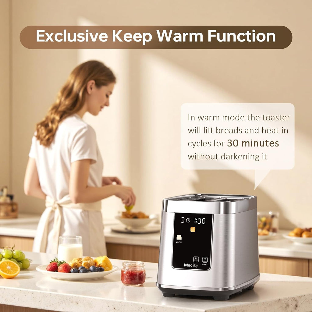 Mecity Motorized Toaster 2 Slice with Touch Screen, Stainless Steel Smart Toaster, 8 Bread Types, 5 Shade Levels, 1200W High Power, Keep Warm Mode, Reheat Defrost Functions, 120V