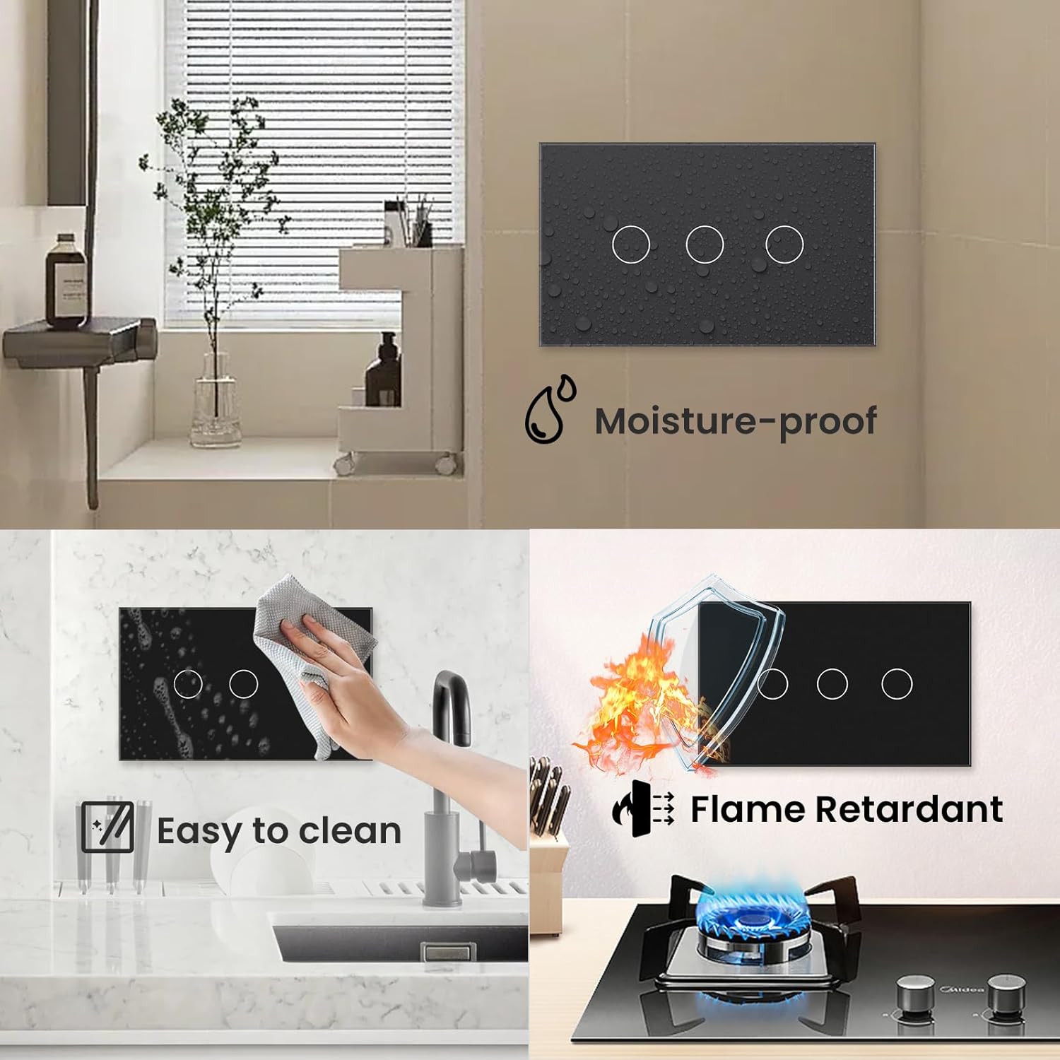 2 Way Light Switch 118X72X34MM No Neutral Wire, Wall Touch Switch 1000W, Tempered Glass Panel, FCC, Black 3 Gang
