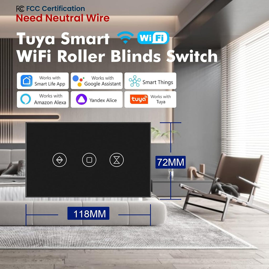Smart Roller Shutter Switch 118X72X34MM Need Neutral Wire,2.4GHz WiFi Roller Shutter Switch, Tempered Glass Panel, Compatible with Alexa and Smart Life, Black WiFi-Roller Shutter