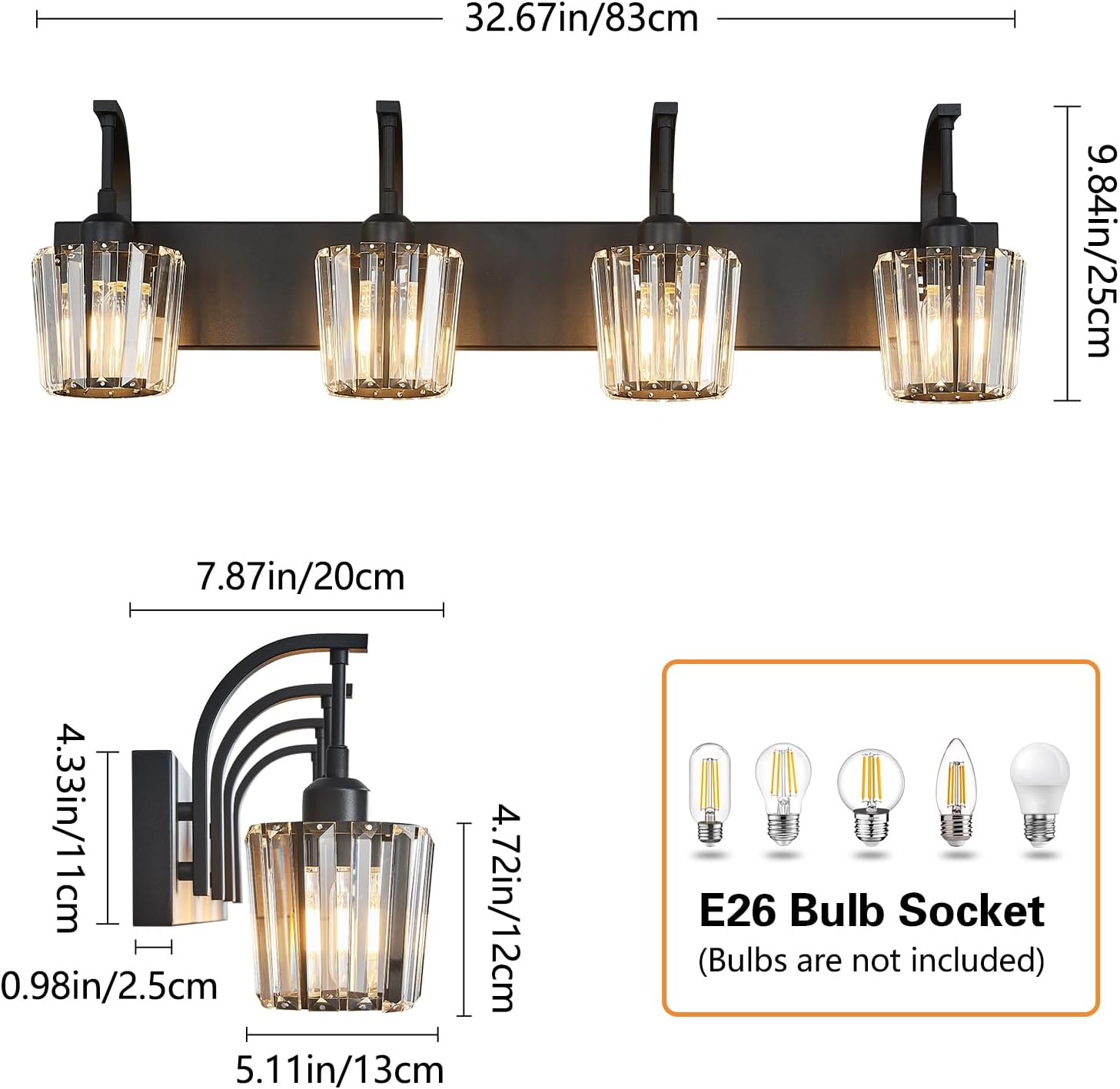 Modern Bathroom Vanity Light, 4-Light Black Wall Sconce with Crystal Accents, Over Mirror Bathroom Lighting Fixture, 32.67" Long Dimmable Vanity Lamp for Makeup, Easy Installation