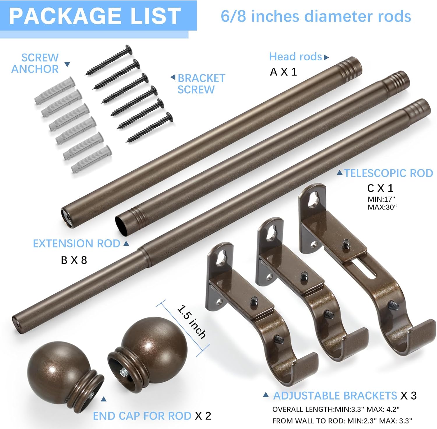 Curtain Rods for Windows 16 to 150 Inches, Curtain Rod Max Adjustable Length of 160 IN, 6/8" Diameter Drapery Rods Round Finials, Brown, Pack of 1