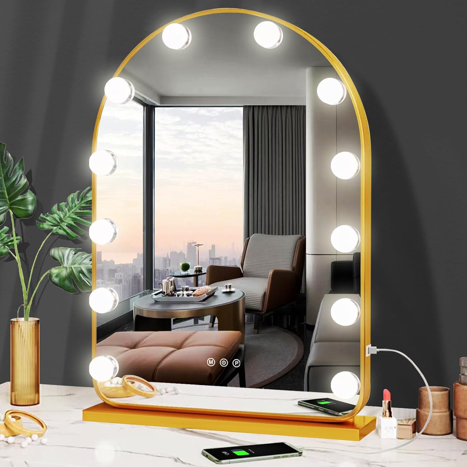 THEKLA Gold Arch Hollywood Vanity Mirror with Lights Dimmable 3Color 12 Bulbs Hollywood Vanity Lighted Mirror for Bedroom Wall Detachable Base Stand X10 Magnifying Arch Vanity Makeup Desk Table Mirror