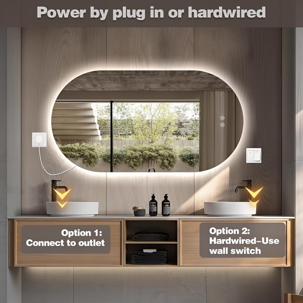 51" x 27" Oval LED Mirror for Bathroom, Backlit Vanity Mirror with Lights, Frameless Smart Wall Mirror, 3 Colors Stepless Dimmable, Anti-Fog, Shatterproof, Memory, CRI95+(Horizontal/Vertical)