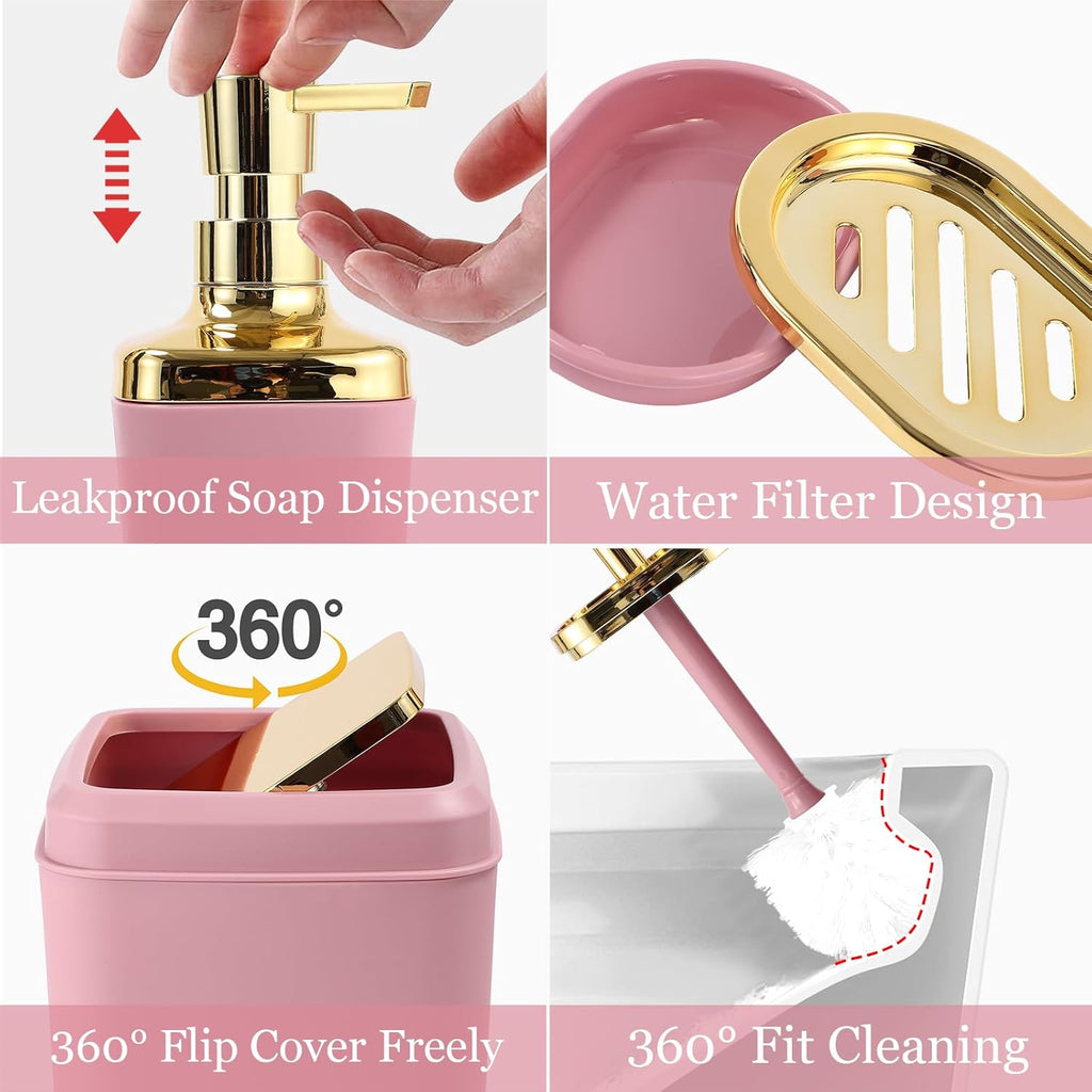 Pink Bathroom Set, Bathroom Sets with Stripe Shower Curtain, Pink and Gold Bathroom Accessories with Trash Can, Soap Dispenser, Soap Dish, Toilet Brush Holder, Qtip Holders for Bathroom