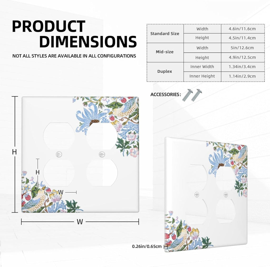 Decorative Outlet Covers Retro Morris Strawberry Rustic Plant Bird 2 Gang Wall Plate Cover Double Duplex Receptacle Two Switch Light Switch Cover Plate Jumbo Dual Faceplate