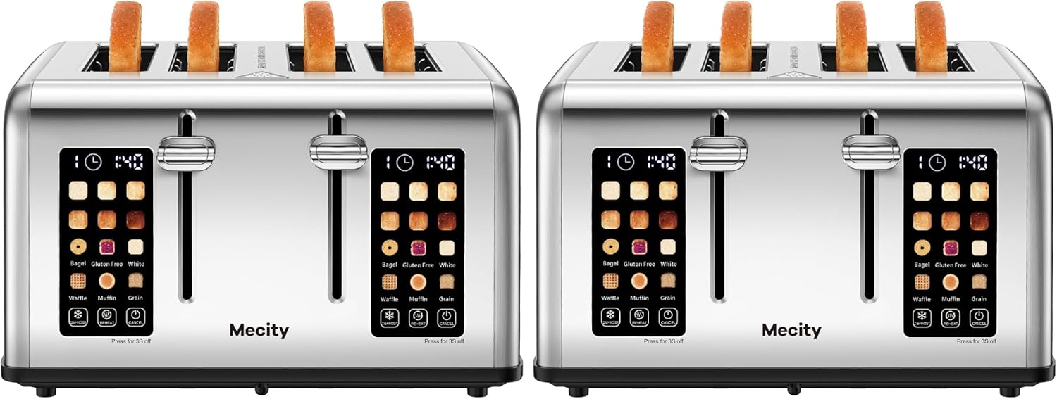 Mecity 4 Slice Toaster with Touch Screen Control, 4 Wide Slots, Stainless Steel Smart Bread Toaster for Bagels, Muffins, Waffles, Dual Control Panel, Timer, Defrost, Reheat, 120V 1650W (Pack of 2)