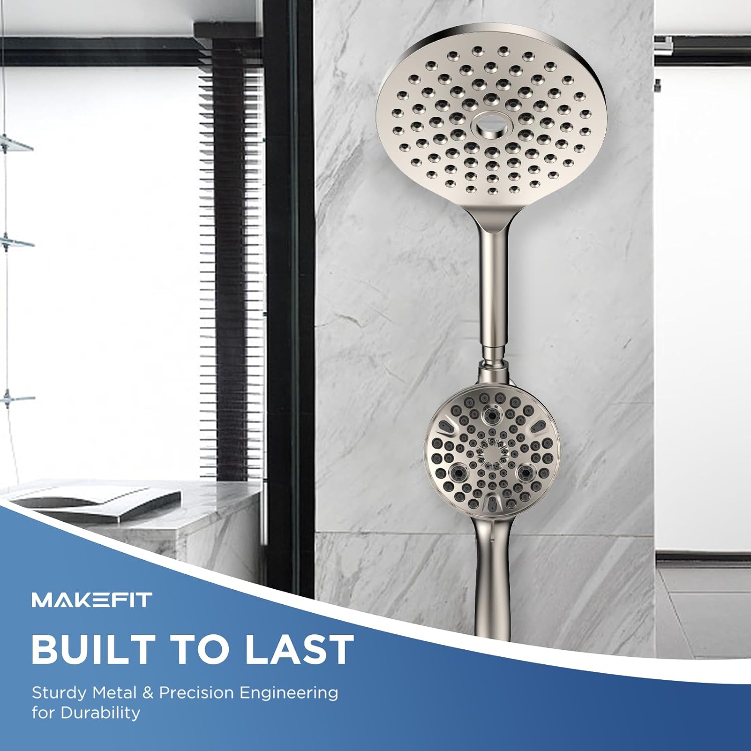 Dual Handheld Shower Head Combo, 2-in-1 Rain Shower Heads System 8 Inch Rainfall Shower Head and 10 Modes High Pressure Hand Held Showerhead with Built-in Power Wash