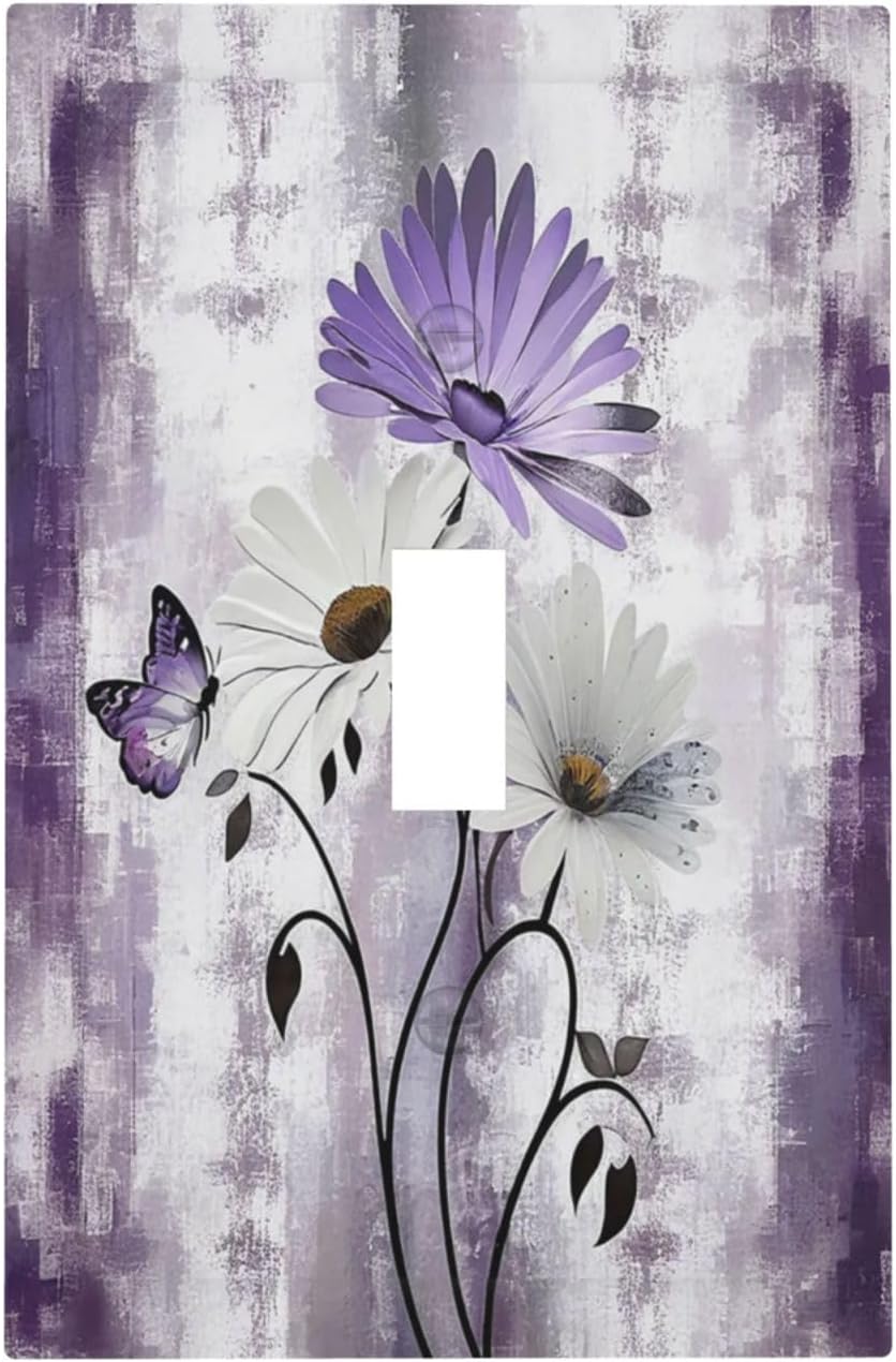 Purple Daisy White Floral Butterfly Flowers Single Toggle Light Switch Cover plate Outlet Cover Decorative Switchplate Wall Plates Electrical Panel Cover for Bathroom Living Room 5 X 3 IN