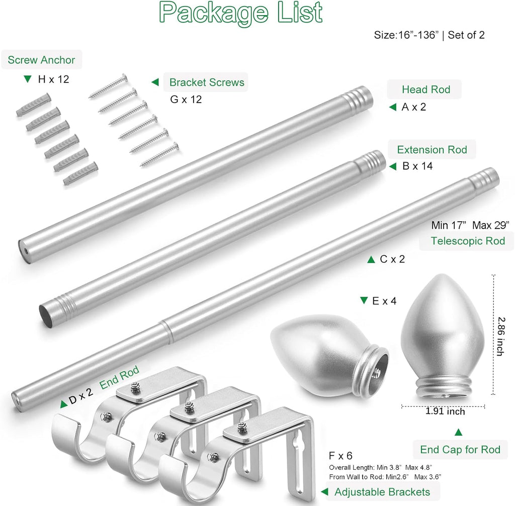 Curtain Rods for Windows 16 to 136 inches, Curtain Rod Max Adjustable Length to 146 in, Drapery Rod 1 inch Diameter with Modern Knobs Finials (Satin Silver, 16" to 136" - Set of 2)