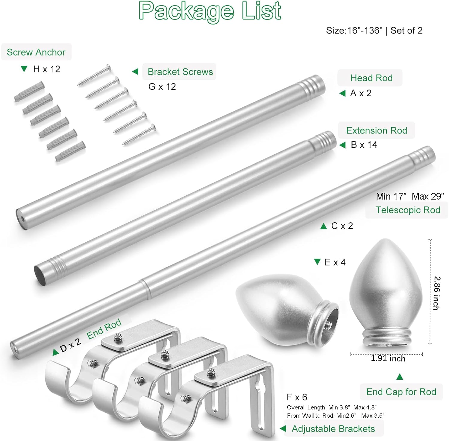 Curtain Rods for Windows 16 to 136 inches, Curtain Rod Max Adjustable Length to 146 in, Drapery Rod 1 inch Diameter with Modern Knobs Finials (Satin Silver, 16" to 136" - Set of 2)