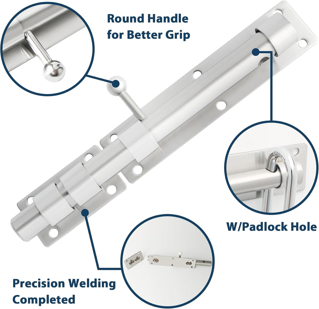 Alise 10 inch Barrel Bolt Latch, Slide Bolt Latch,Heavy Duty Solid SUS304 Stainless Steel Slide Lock for Wooden Fence,Barn Door,Interior or Outdoor Door Brushed Nickel MS9200-LS