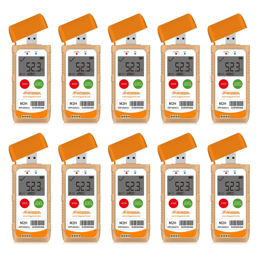 Frigga M2H 10 Pack Reusable Temperature Humidity Data Logger USB Digital Refrigerator Thermometer Multi-Use Temperature Recorder High Accuracy 28800 Points PDF CSV Report