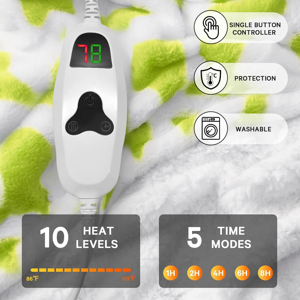 Green Cow Heated Electric Blanket Throw, 50X60 Heating Blanket with 10 Heats Levels & 8 Hours Auto Off, Cute Christmas Yoga Gifts for Women Teen Girls Mom Pets, Home Decor for Living Room Bedroom