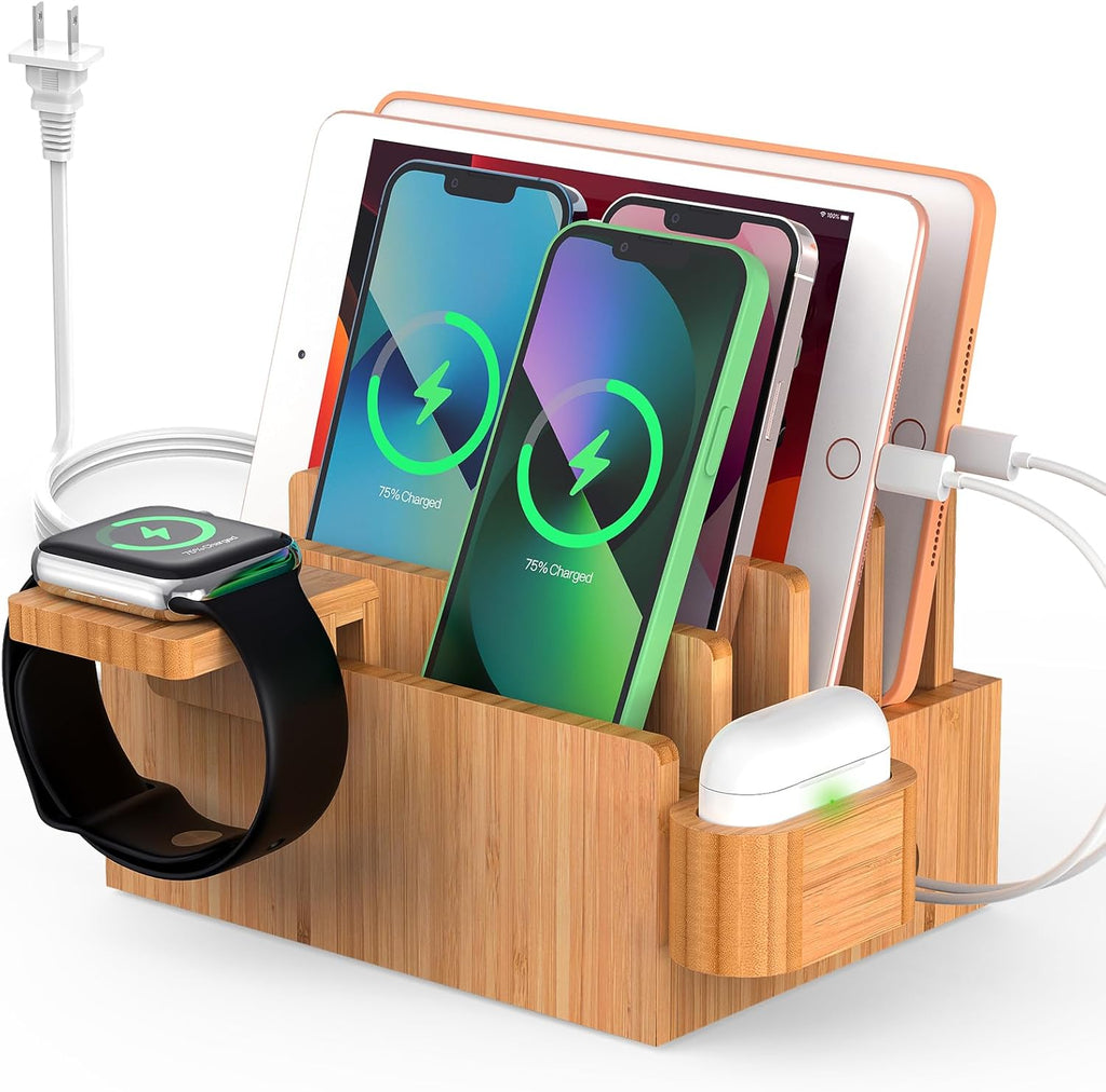 Pezin & Hulin Bamboo Charging Station for Multiple Devices with 5 Port USB Charger, 5 Cables, Watch&Earbuds Stand, Electronic Device Desktop Organizer for Cellphone, Tablet, Watch, Earbuds