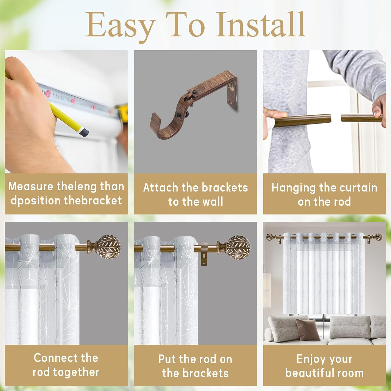Boho Wooden Curtain Rods for Windows 28 to 48 Inches(2.3-4 ft), Adjustable-Heavy Duty 1" Diameter Drapery Rod with Imitation Wood-Grain Leaf-Pattern Finials - for Living Room & Bedroom，18-45''