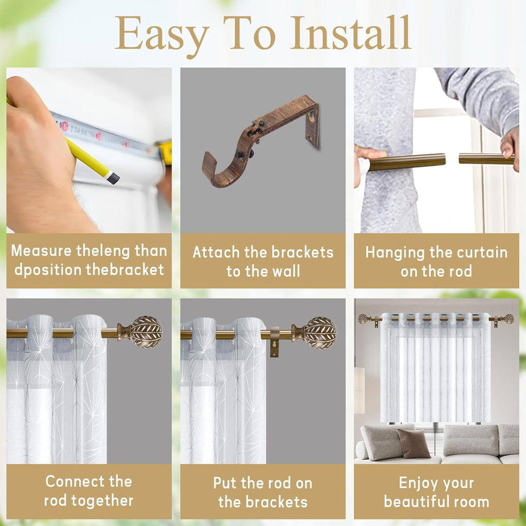 Boho Wooden Curtain Rods for Windows 66 to 120 Inches(5.5-10ft), Adjustable Heavy Duty 1" Diameter Drapery Rod with Imitation Wood-Grain Leaf-Pattern Finials - for Living Room & Bedroom，36-120''