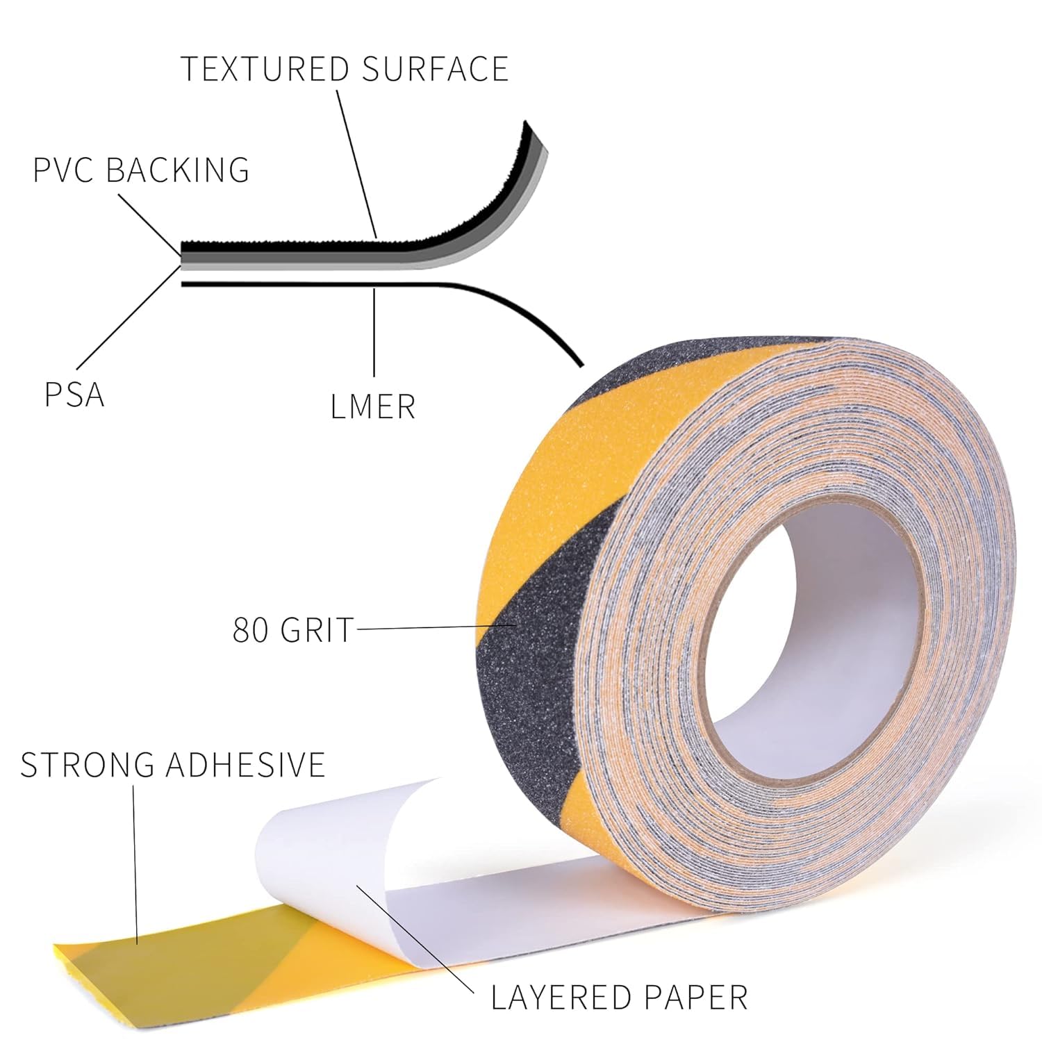 TAPEBEAR Non Slip Hazard Tape, Black and Yellow Safety Tape, Anti Slip Caution Tape Roll, Nonslip Warning Floor Tape for Indoor Outdoor Steps Stairs, Strong Grip Tape, 2inch X 60feet, 5 Rolls