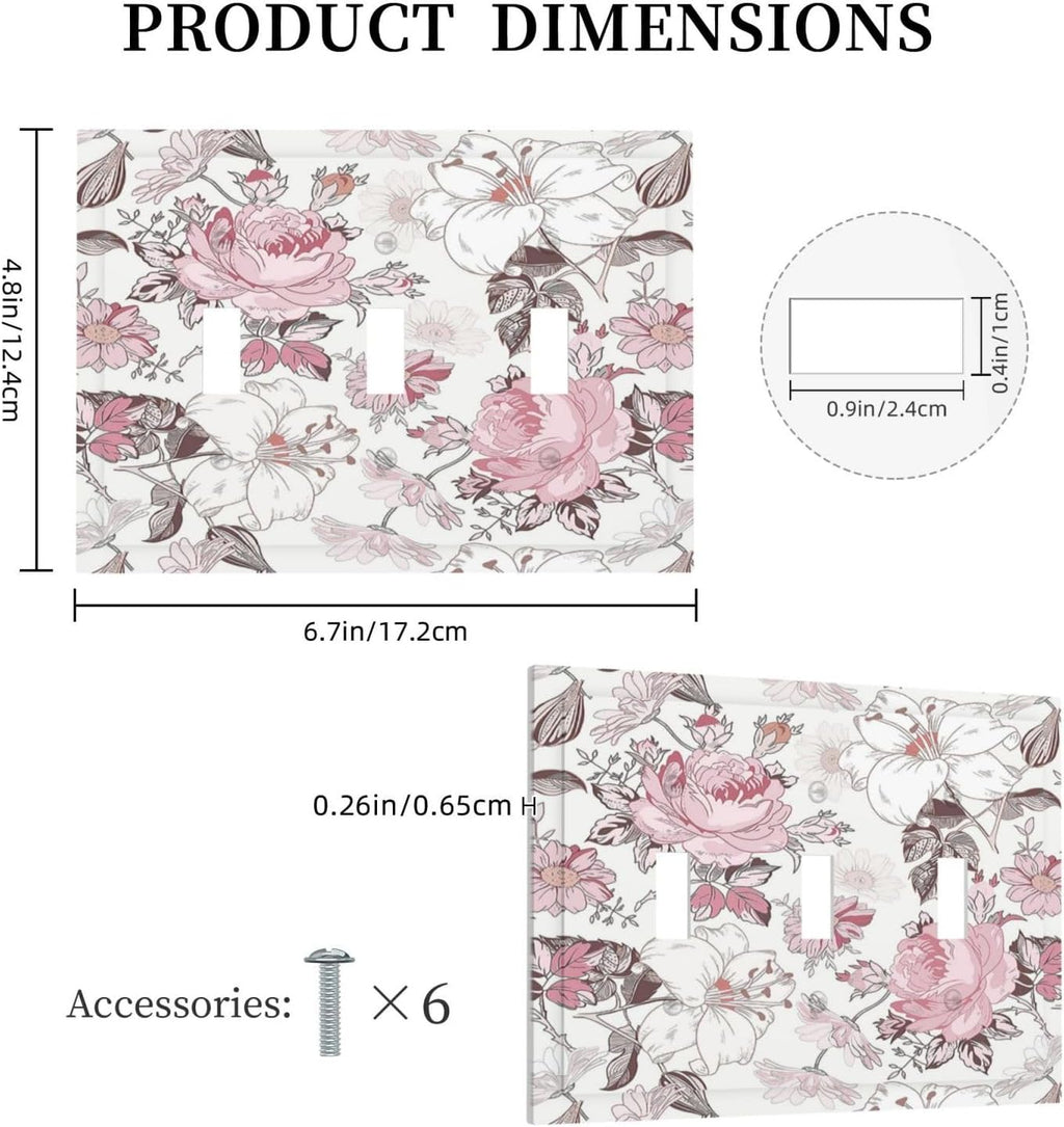 Decorative Switch Plates Modern Watercolor Flower Pink White Wildflower 3 Gang Wall Plate Faceplate Triple Toggle Light Switch Cover Electrical Wall Panels for Bedroom Home Decor