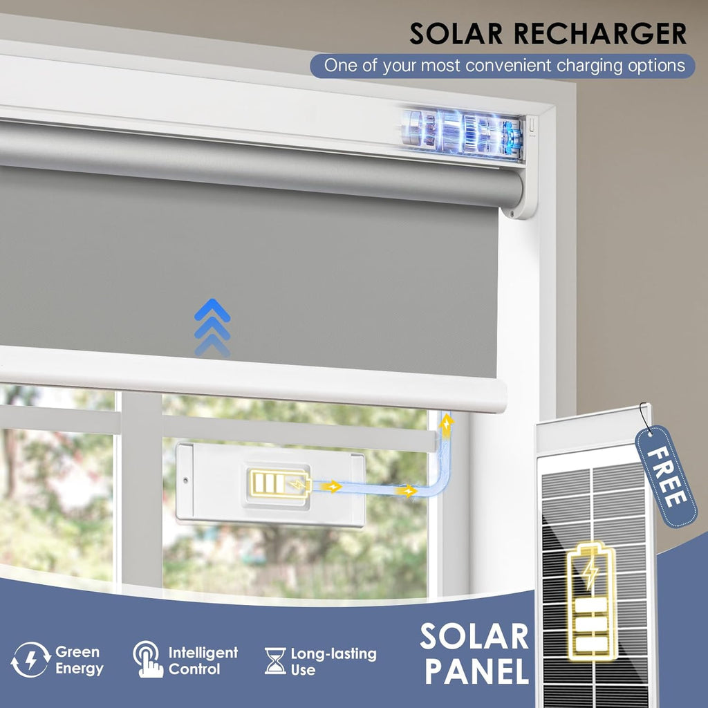 Motorized Roller Blinds with Remote Control & Solar Panel - 100% Blackout Smart Blinds, Automatic, Cordless, Electric Shades - Compatible with Alexa - Grey, 35" W x 72" H