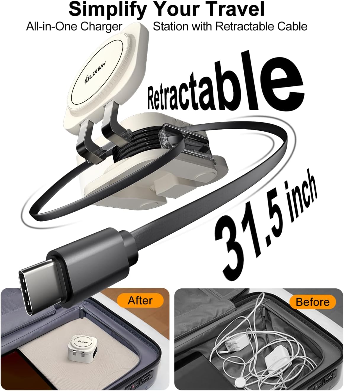 Retractable 3 in 1 Charging Station for Apple [Built in Cable] 22.5W Fast for Magsafe Wireless Charger, Travel Essentials, Magnetic Foldable Stand for iPhone 17 Air Pro Max 16 15 iWatch Airpods