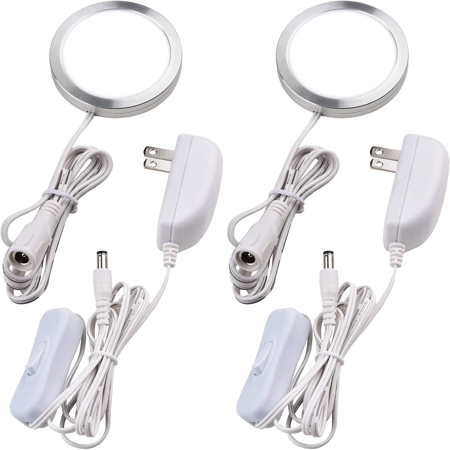 Single Under Cabinet Puck Light, Collection Display Cases Bookshelf Counter LED Lighting, 120V Electric Wired Wall Plug in, On Off Switch, White Cords, 2 Packs, Daylight