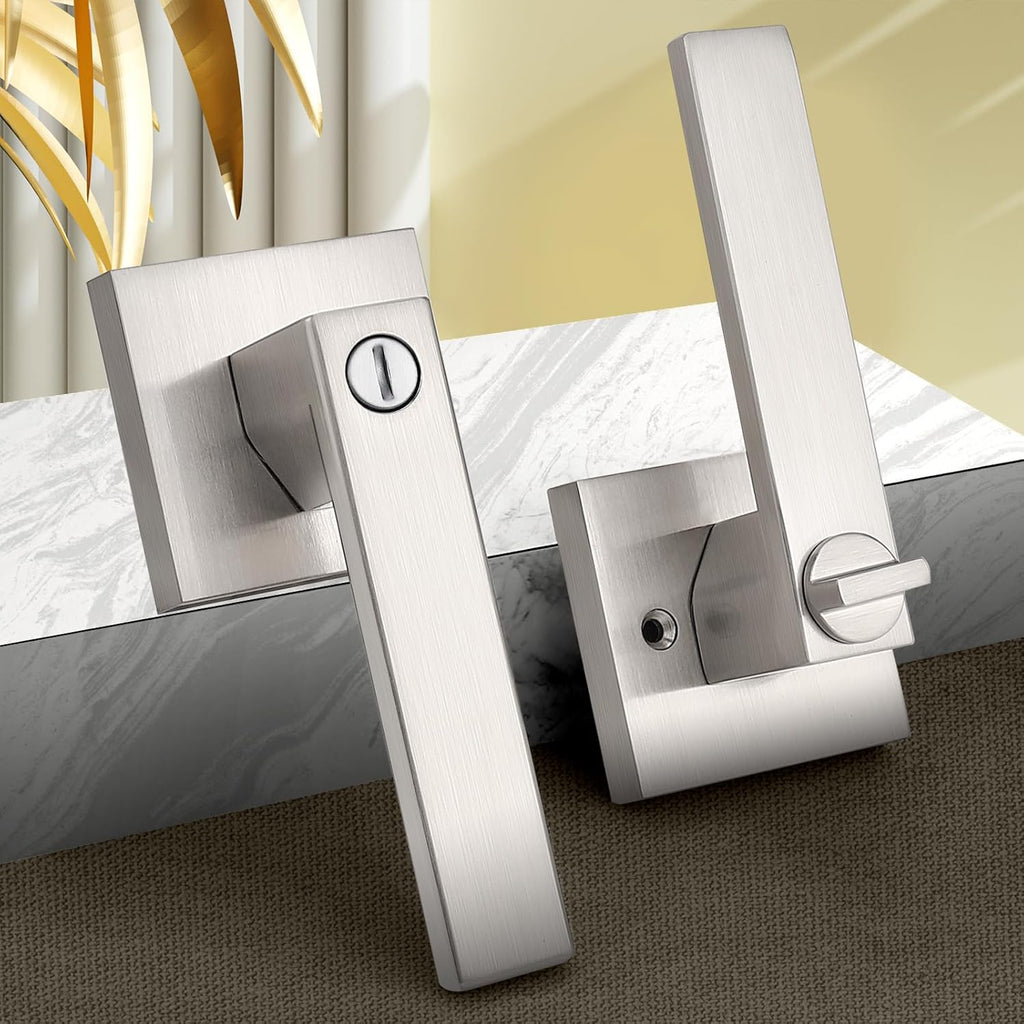 Probrico Interior Brushed Nickel Door Handle, Heavy Duty, Flat Square Privacy Door Handles, Keyless Door Levers Lockset for Bedroom and Bathroom (3 Pack, Modern)