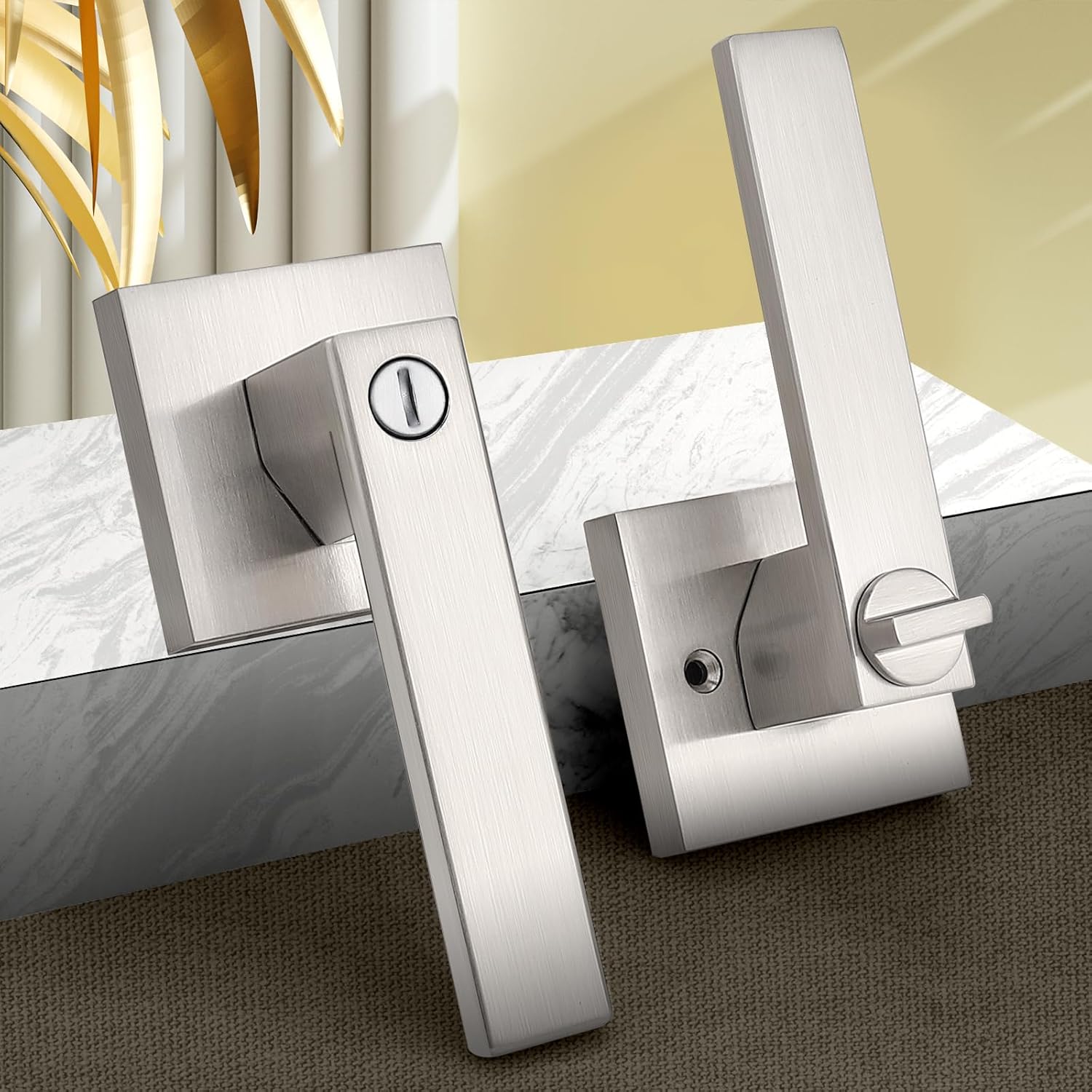 Probrico Interior Brushed Nickel Door Handle, Heavy Duty, Flat Square Privacy Door Handles, Keyless Door Levers Lockset for Bedroom and Bathroom (10 Pack, Modern)