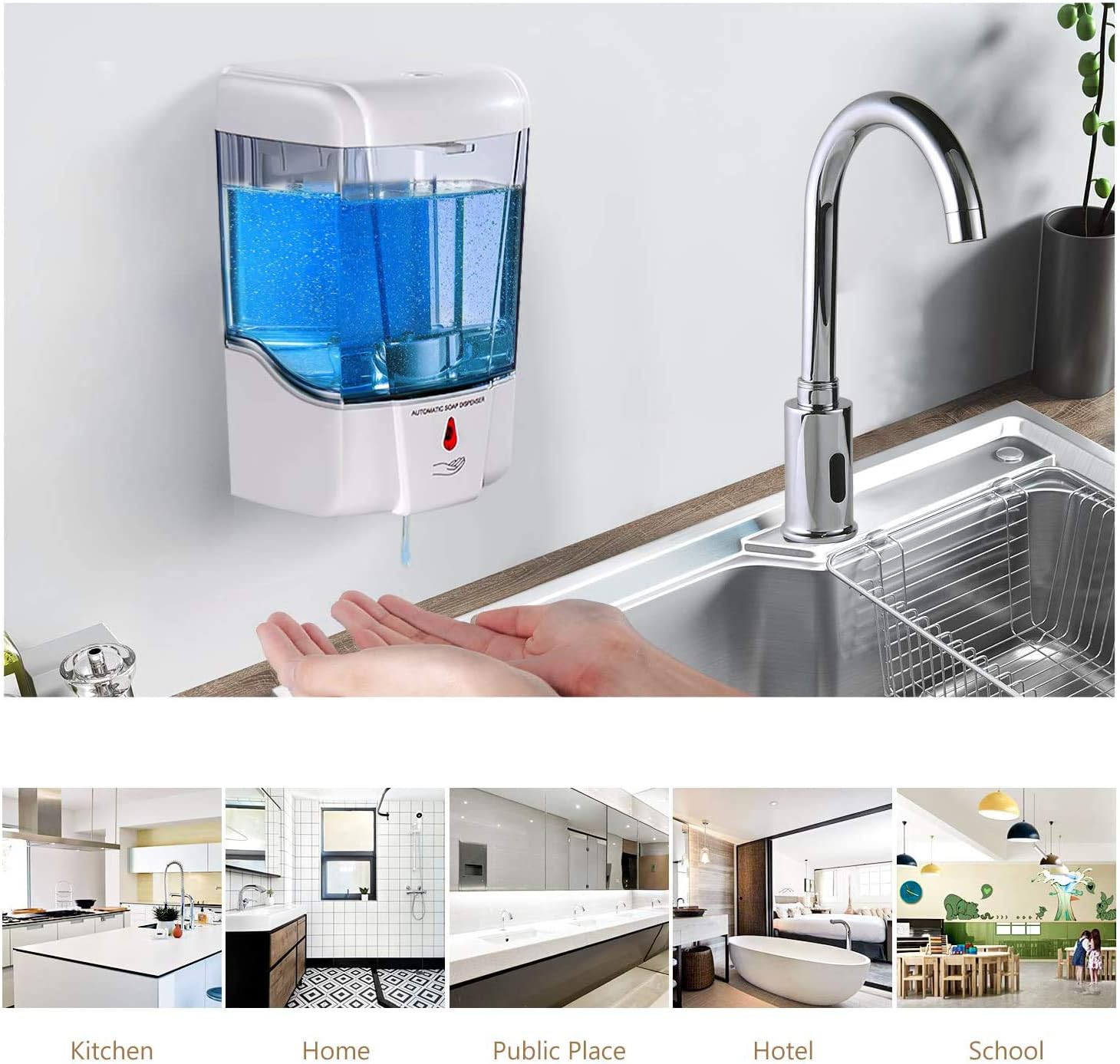 interhasa! Soap Dispenser, Touchless Hand Sanitizer Dispenser Wall Mount Automatic Kitchen Soap Dispenser for Commercial Home, Office, 600ml/20oz